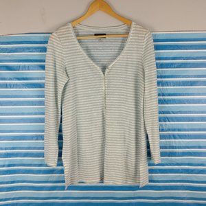 Linen Blouse, 100% Linen Blue Gray White striped top Mother of pearl button, S